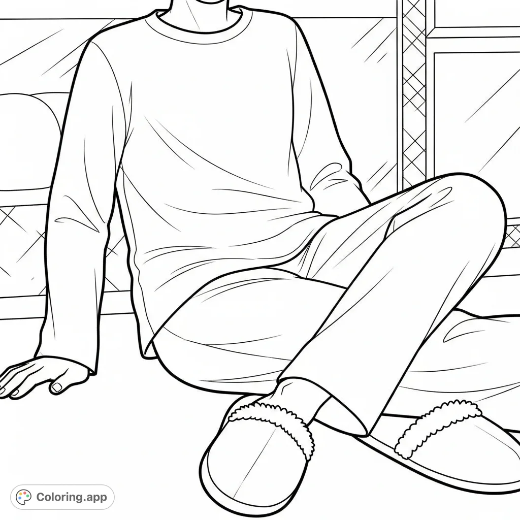 Discover a relaxing pajamas coloring page featuring a comfy figure in plain sleepwear and plush house slippers, perfect for unwinding and creative expression.