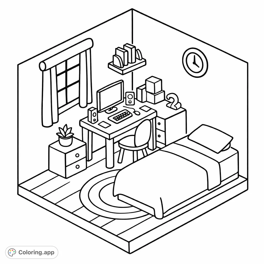 Explore this charming isometric room, complete with a bed, desk, computer, and decorative details. A fun, simple room coloring page for kids.