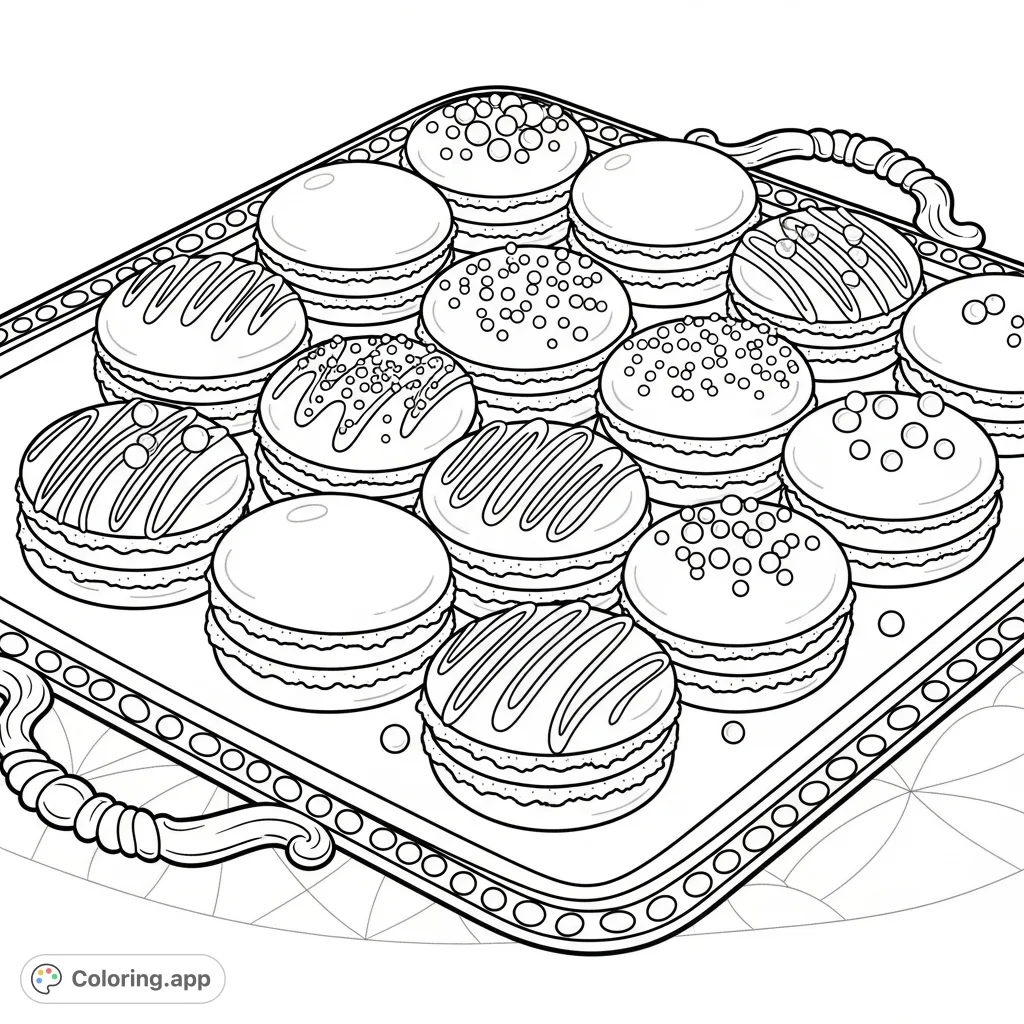 Indulge in this delightful macaroon coloring page, featuring beautifully decorated pastries on an elegant tray, perfect for sweet-themed creativity.