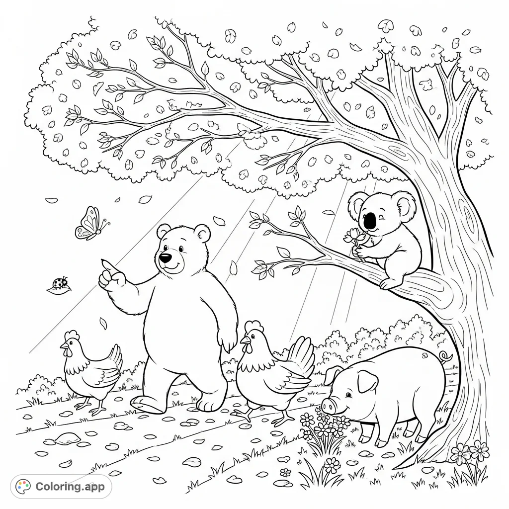 Discover a charming forest scene with animal friends under a cherry blossom tree, perfect for a relaxing and detailed nature coloring page.