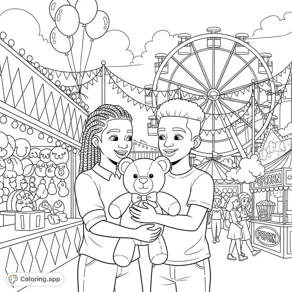 Two African American young adults share a joyful embrace with a large prize bear at a bustling carnival, surrounded by classic attractions and festive lights.