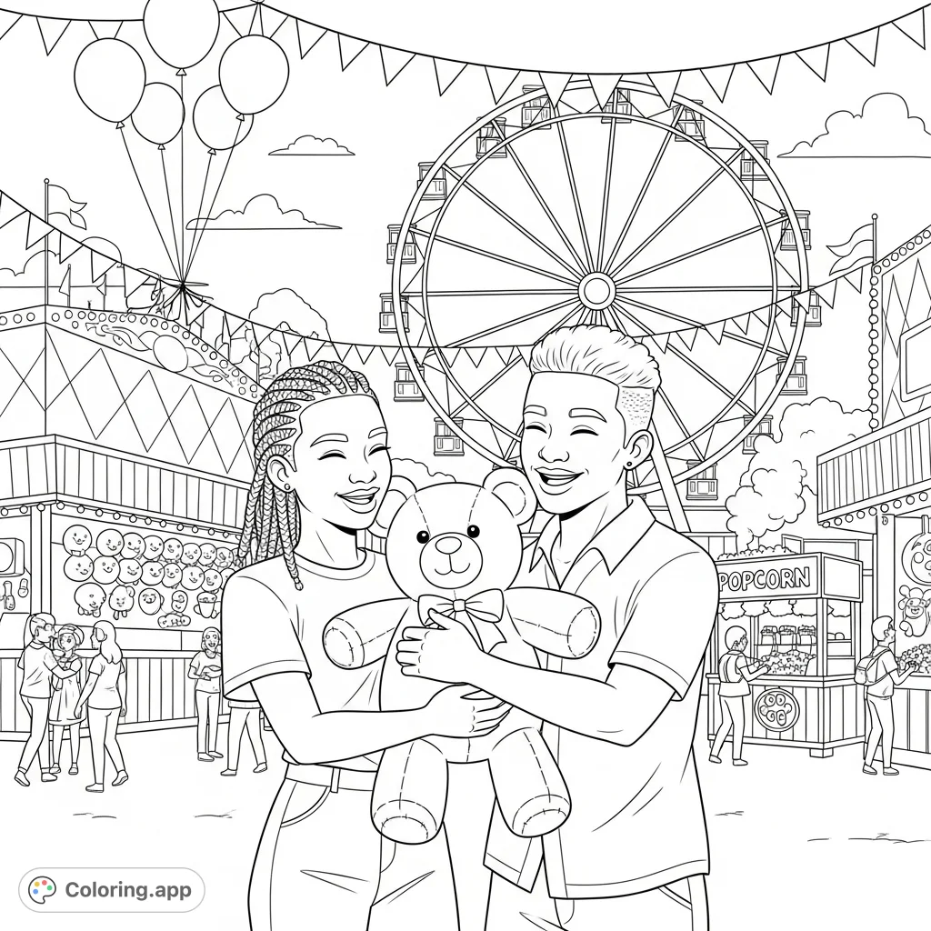 Two African American young adults share a joyful embrace with a large prize bear at a bustling carnival, surrounded by classic attractions and festive lights.