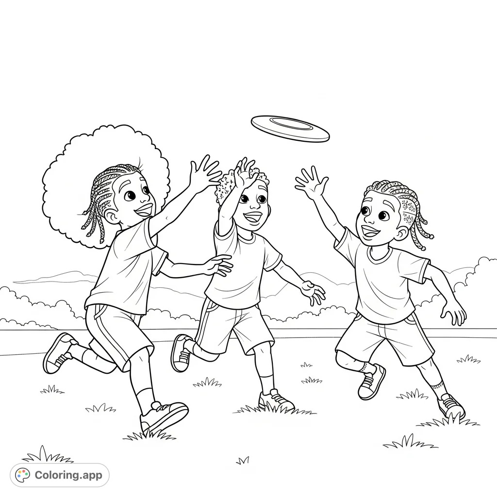 Capture the joy of outdoor play with three African American boys, one with an afro and two with braids, happily playing frisbee in a park setting.