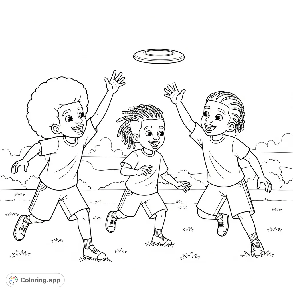 Capture the joy of outdoor play with three African American boys, one with an afro and two with braids, happily playing frisbee in a park setting.