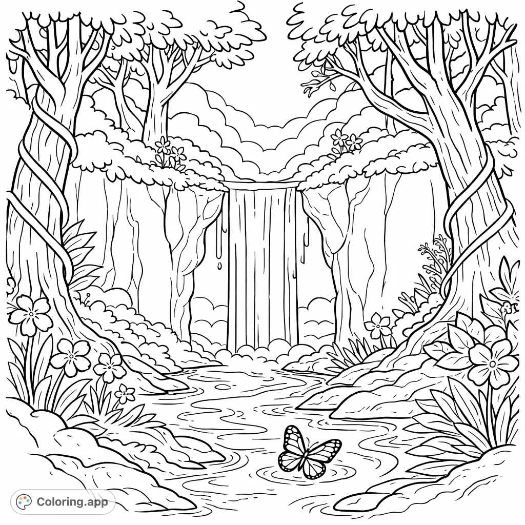 Explore a lush jungle waterfall scene with towering trees, flowing water, and a delicate butterfly. A tranquil free printable coloring page for nature lovers.