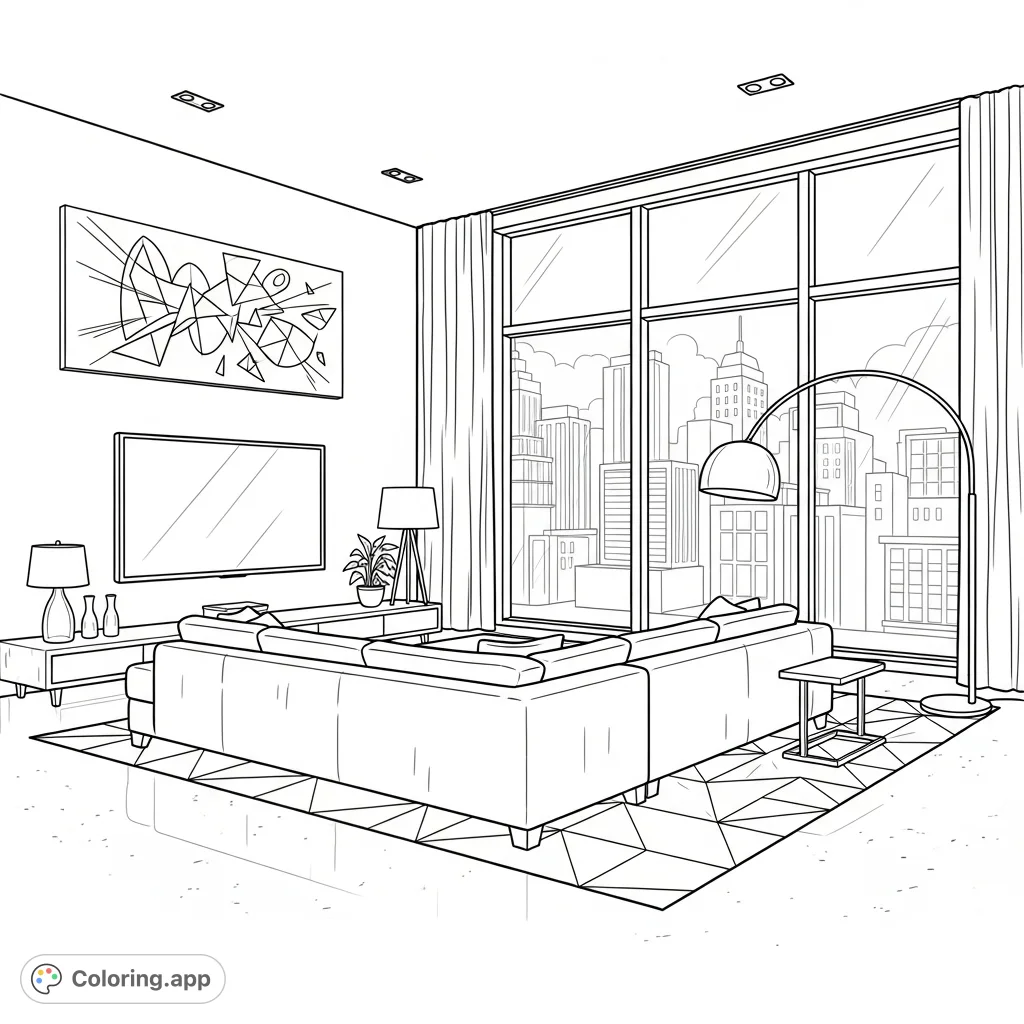 Immerse yourself in a sleek, modern living room coloring page, featuring a low-profile sofa, abstract art, and a panoramic city skyline view. Perfect for relaxation.
