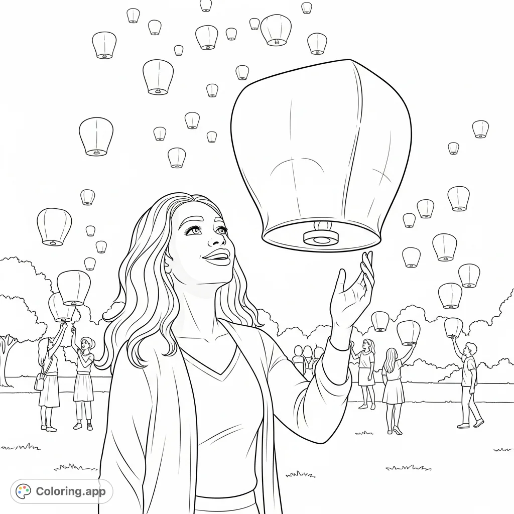 Experience the serene beauty of a night lantern release. An African American woman watches her lantern ascend, surrounded by others floating in the sky.