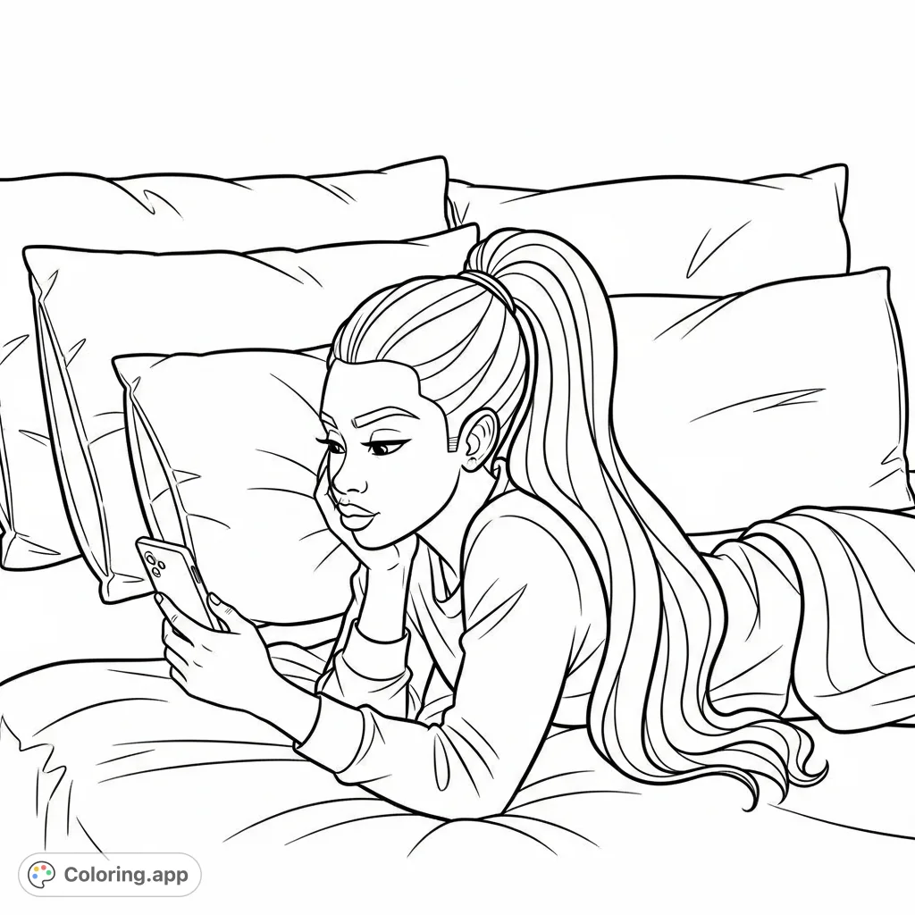 Capture a moment of modern relaxation with this young adult texting coloring page. Features an African American young adult on a bed with a long ponytail.