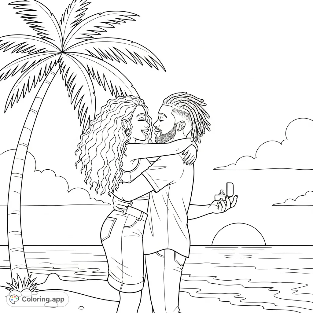 A heartwarming scene of an African American couple embracing on a beach at sunset, celebrating a proposal with a ring box in hand. A beautiful moment of joy.