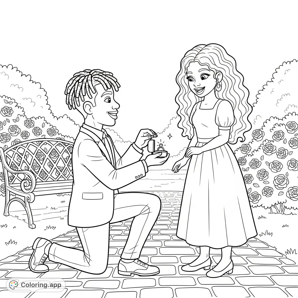 Capture a heartfelt moment: an African American man proposes to an African American woman in a beautiful park setting. Features intricate details of dreadlocks, curls, rose bushes, and a sparkling ring.