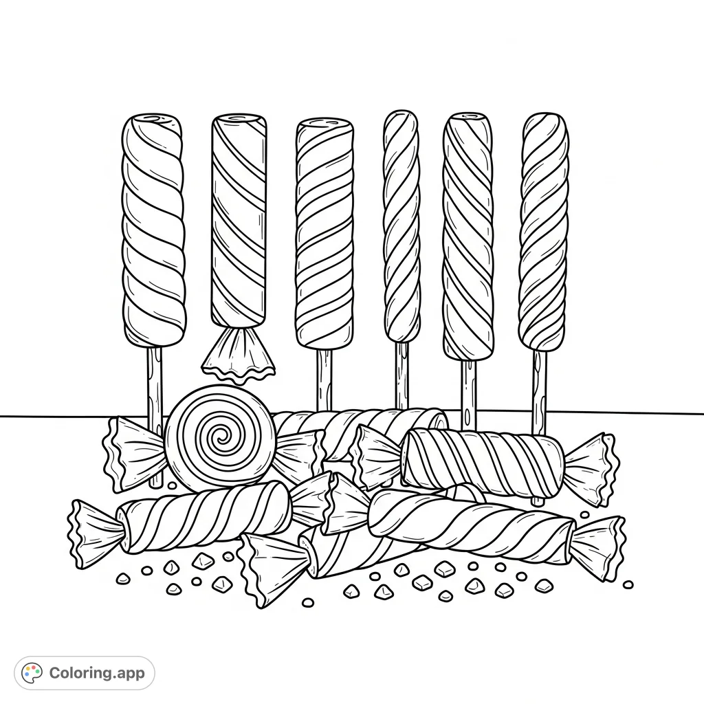A delightful arrangement of various candy sugar sticks, featuring intricate swirls and stripes, perfect for a sweet coloring adventure.