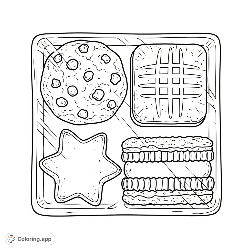 A delightful assortment of four different cookie types, neatly packaged and ready for a creative coloring session. Perfect for sweet treat enthusiasts.