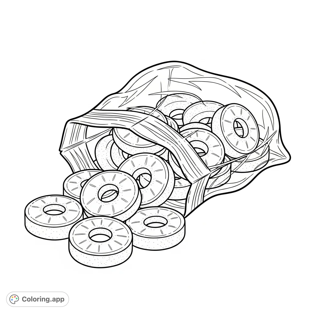 A delightful peach rings coloring page featuring a bag overflowing with the iconic candy. Perfect for a sweet and fun coloring experience!
