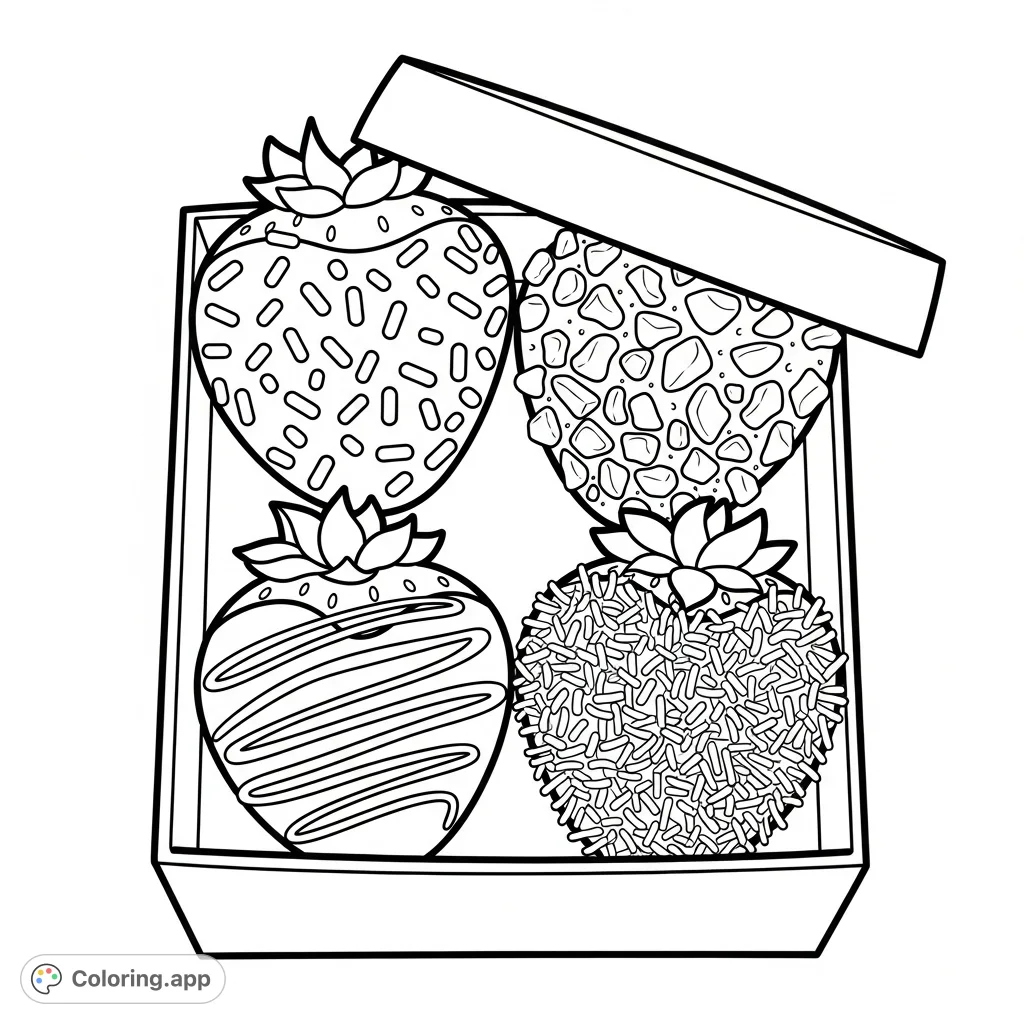 A delightful coloring page featuring four chocolate-covered strawberries, each with unique toppings, nestled in a charming treat box. Perfect for sweet-themed fun!