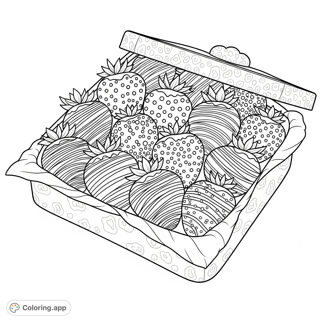 A delightful coloring page featuring plump strawberries with unique patterned toppings, nestled inside a charming, decorative treat box, perfect for sweet creativity.