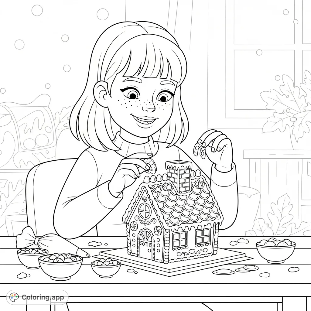 A happily bubbly girl crafts a detailed winter festival gingerbread house, adorned with candies and icing. A delightful scene for creative coloring.