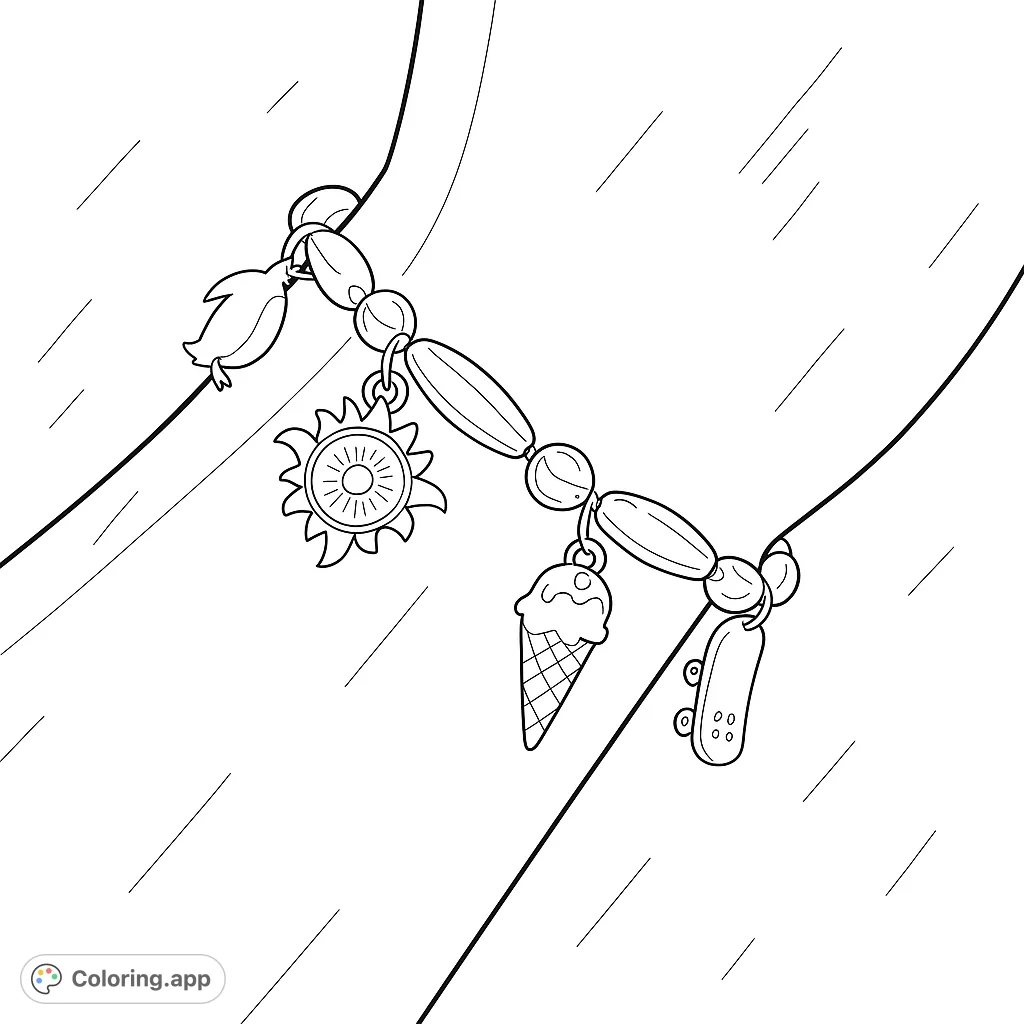 Adorn a unique charm bracelet with a sun, ice cream, and skateboard. A fun, free printable charm bracelet coloring page for creative expression.