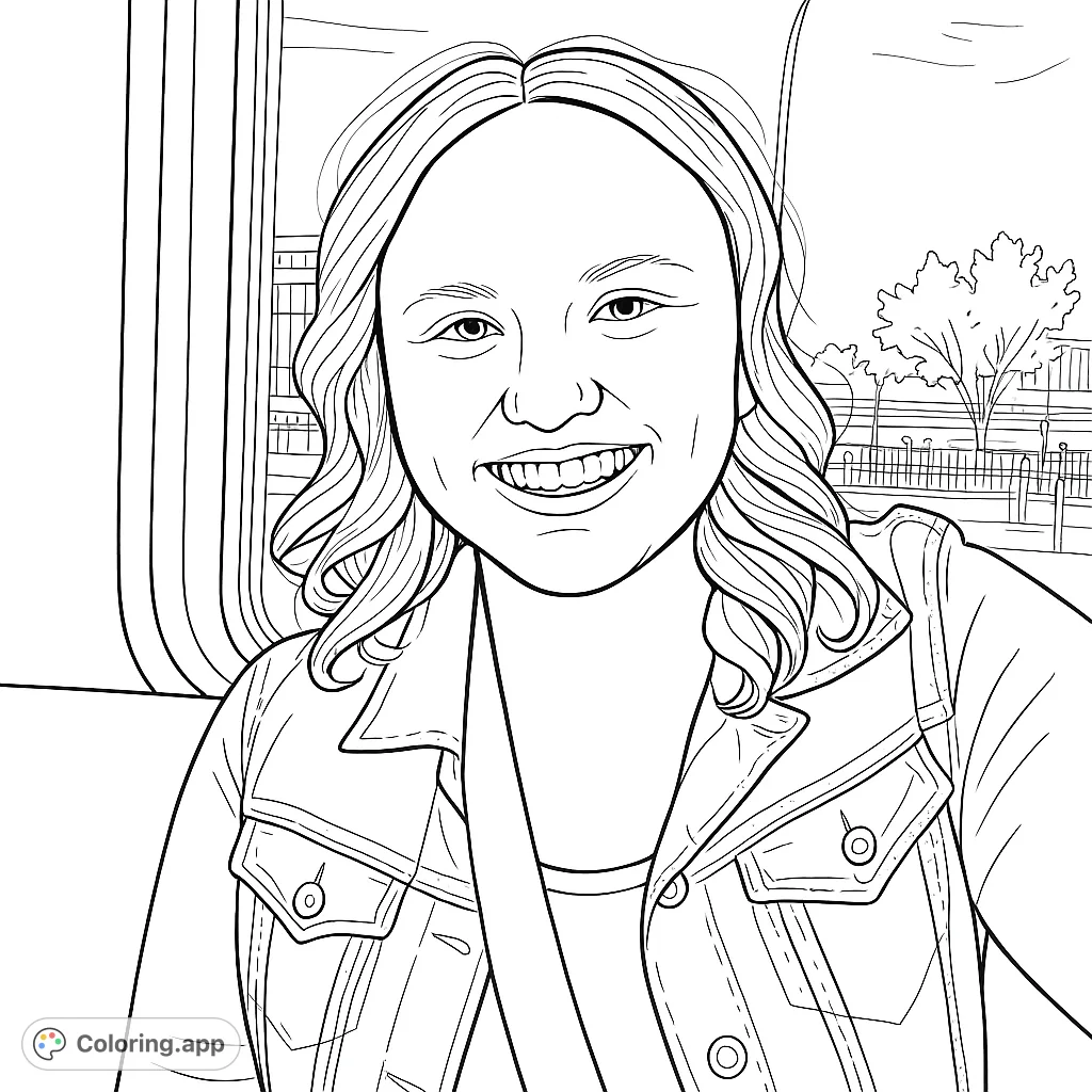 Capture a moment of joy with this smiling woman on a journey. Perfect for personalizing with your favorite patterns and shades.