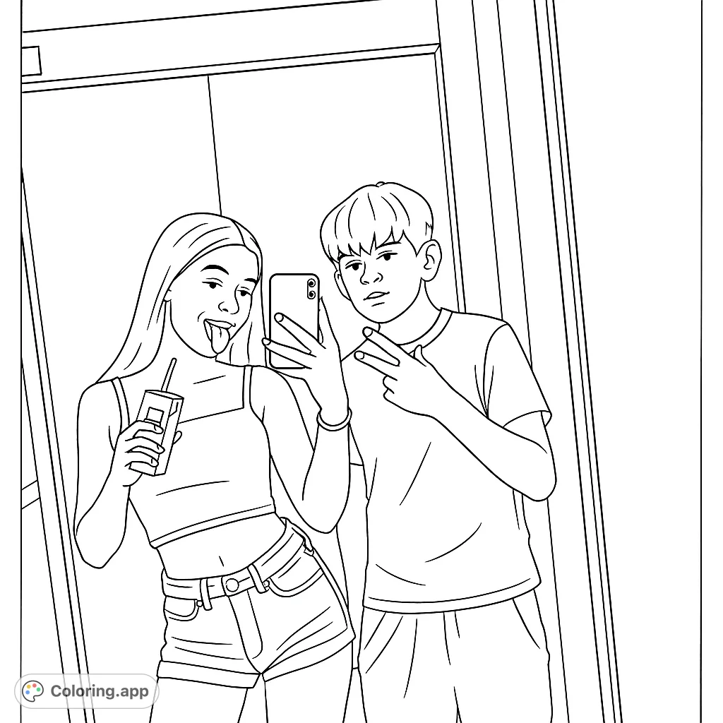 Capture a playful moment with two friends taking a mirror selfie in an elevator. A fun, modern scene perfect for creative expression.