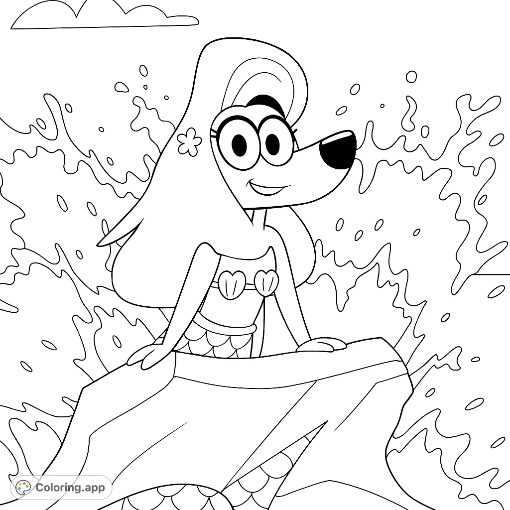 A delightful mermaid character with dog-like features sits on a rock amidst ocean waves. Perfect for a fun, imaginative coloring adventure!