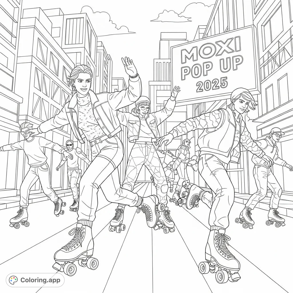 A dynamic street scene featuring skaters on Moxi-style roller skates, celebrating a vibrant 'Moxi Pop Up 2025' event in a stylized urban setting.