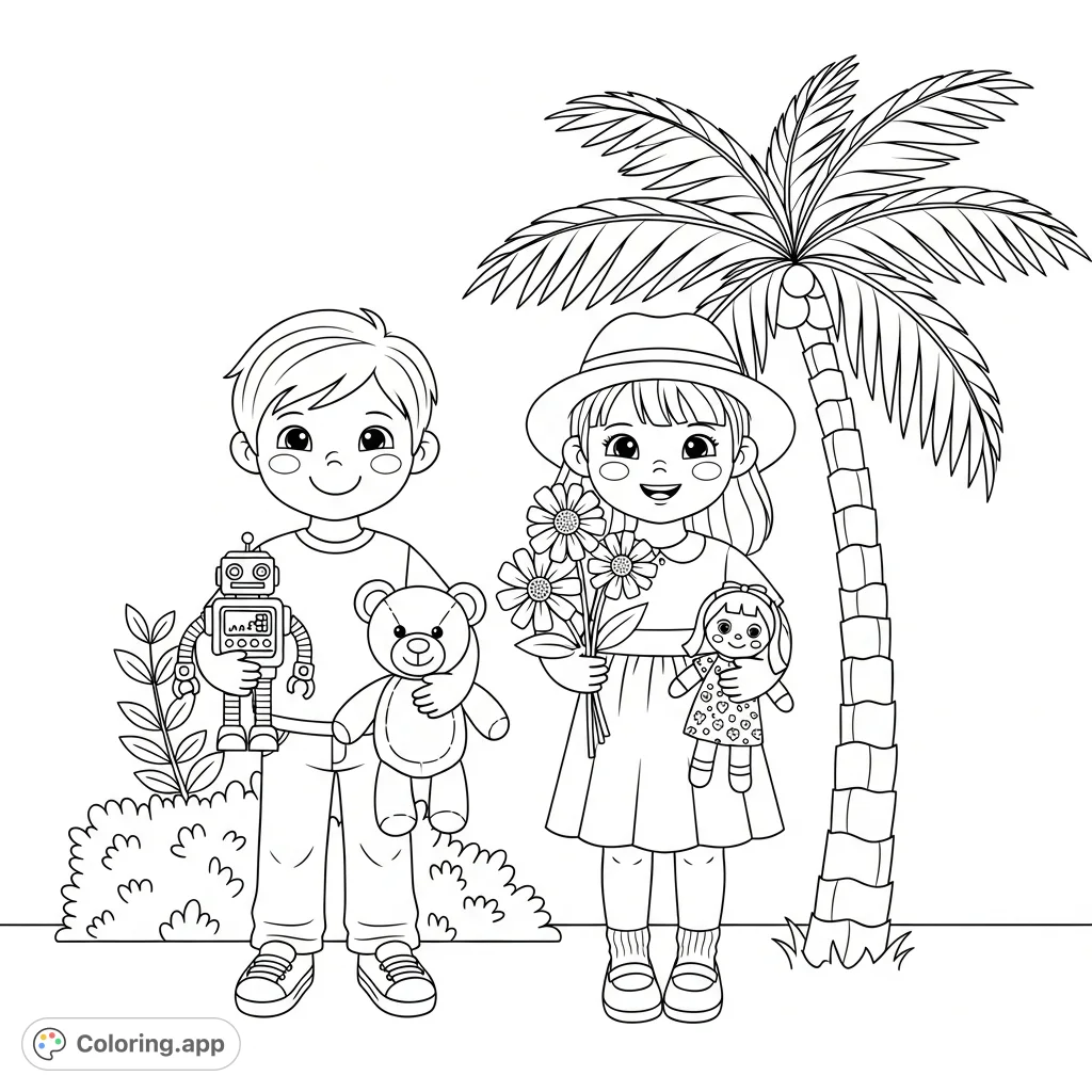 A delightful children playing coloring page featuring a boy and girl with their favorite toys and natural elements, perfect for imaginative coloring fun.