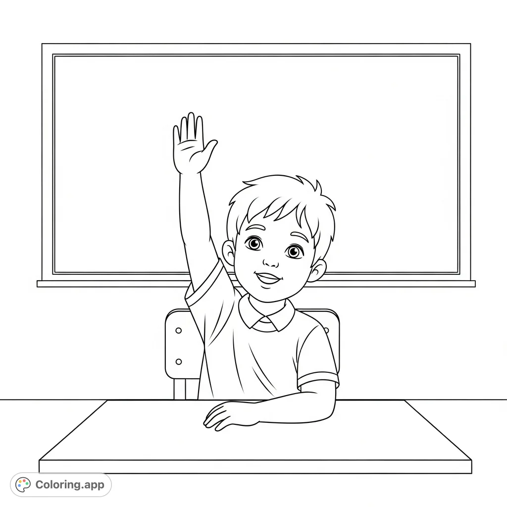 An engaging free printable classroom coloring page featuring a child eagerly raising their hand at a desk, ready to participate. Perfect for young learners.