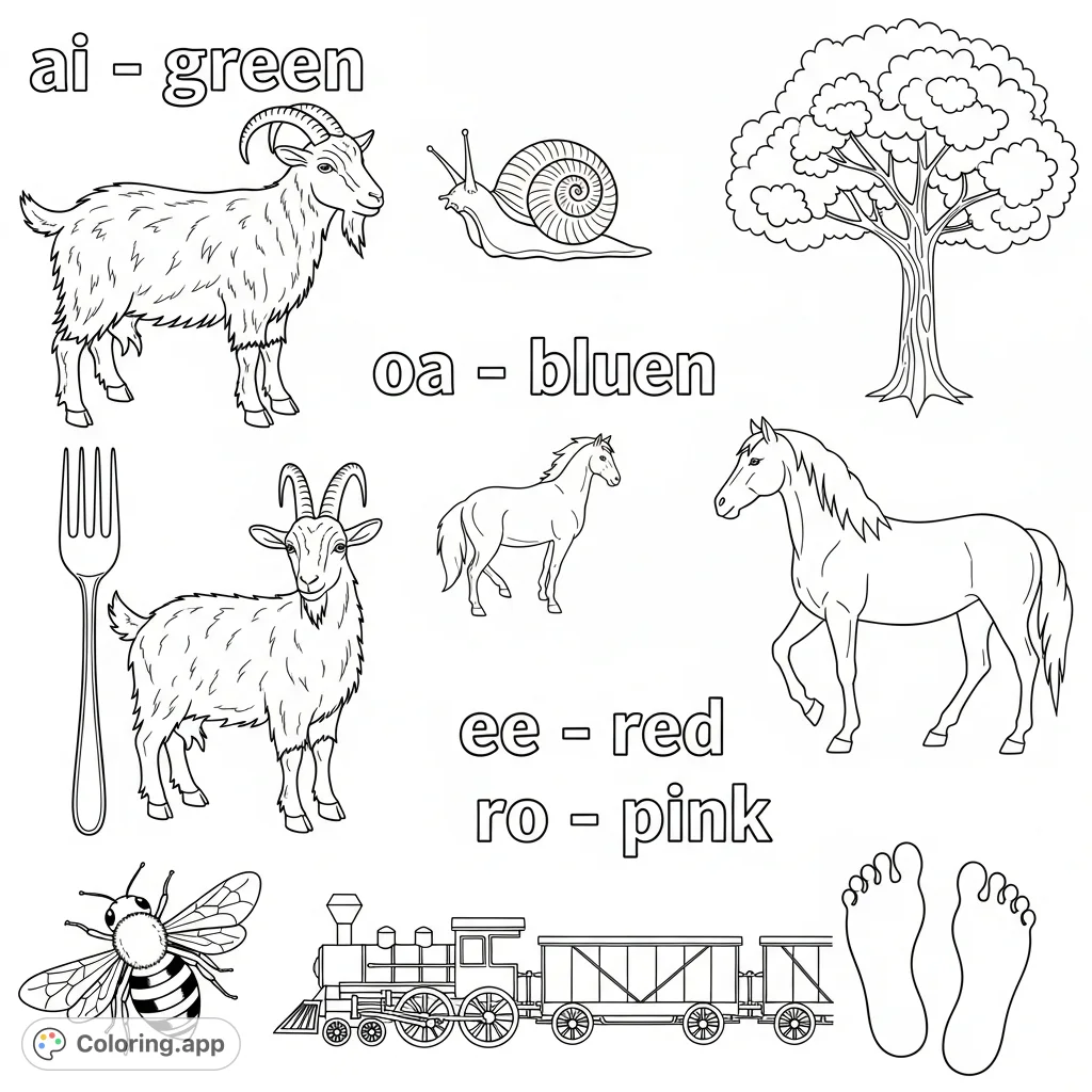 An engaging free printable coloring page featuring a whimsical assortment of animals, objects, and educational text elements for fun and learning.
