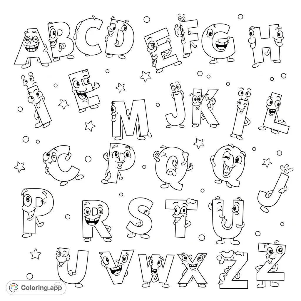 Discover a whimsical alphabet coloring page featuring big and small letters with funny faces, scattered playfully across the page for endless creative fun.