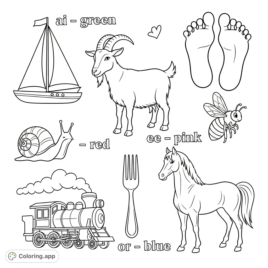 Explore a delightful collection of scattered objects and word elements, featuring a boat, goat, feet, bee, snail, train, fork, and horse, with playful text.