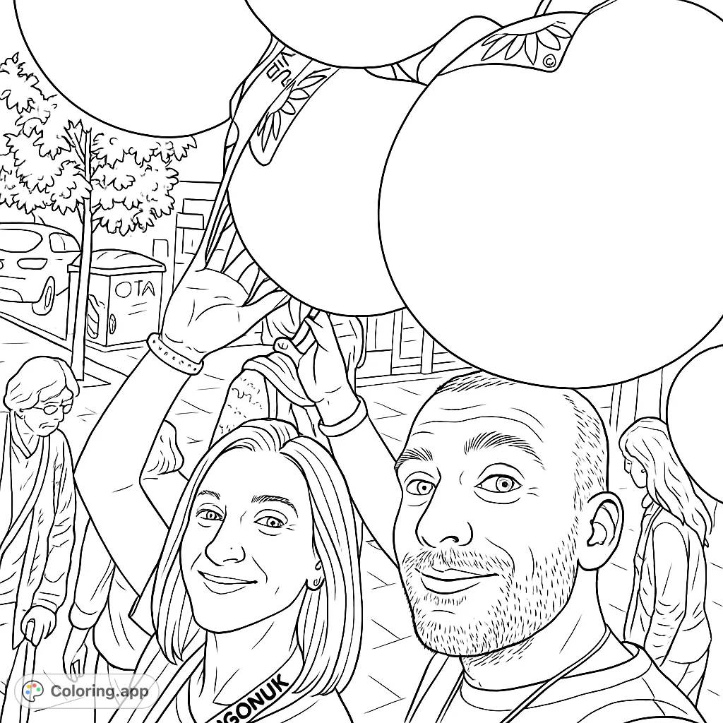 Capture the festive spirit with this coloring page featuring two smiling individuals surrounded by large balloons, perfect for celebrating happy moments.