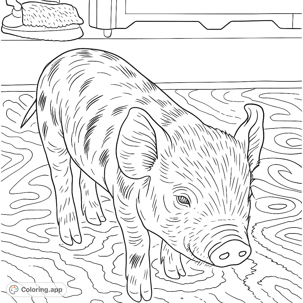 A charming spotted piglet stands on a patterned rug, ready for your creative touch. Perfect for animal lovers to bring to life with vibrant hues!
