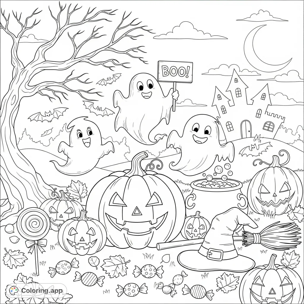 Dive into a delightful Halloween coloring page filled with friendly ghosts, smiling pumpkins, bats, witches' accessories, and sweet treats for endless creative fun!
