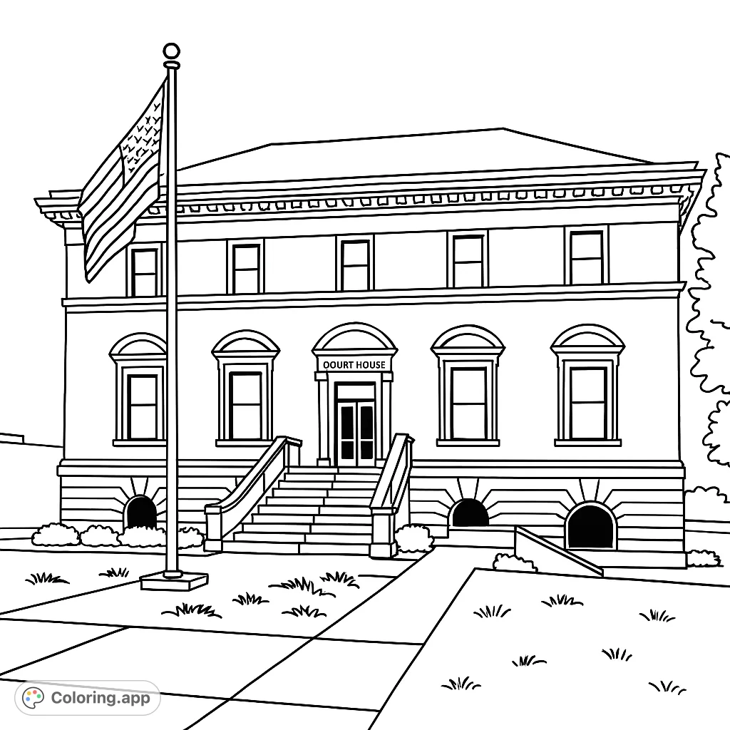 Color a majestic classical building with grand stairs, ornate windows, and a prominent flagpole. A detailed architectural coloring page.