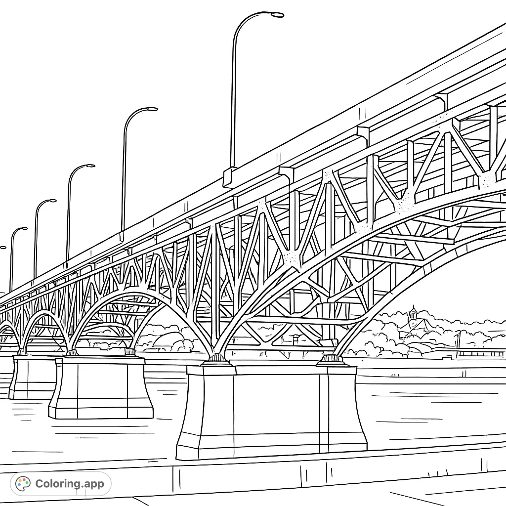 Color a detailed bridge with an intricate truss structure, concrete piers, and streetlights spanning a body of water under a vast sky.