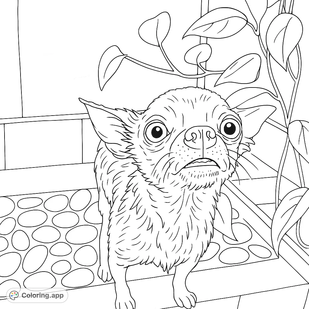 An adorable wet puppy in a shower, with big, expressive eyes and a leafy plant. A charming scene for a relaxing coloring experience.