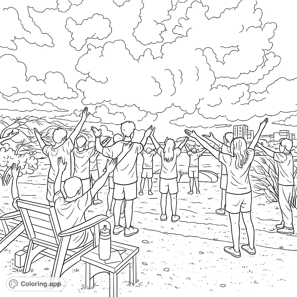 An engaging outdoor group scene with individuals reaching towards a cloudy sky, set by a tranquil body of water. Perfect for a community outdoor learning coloring page.