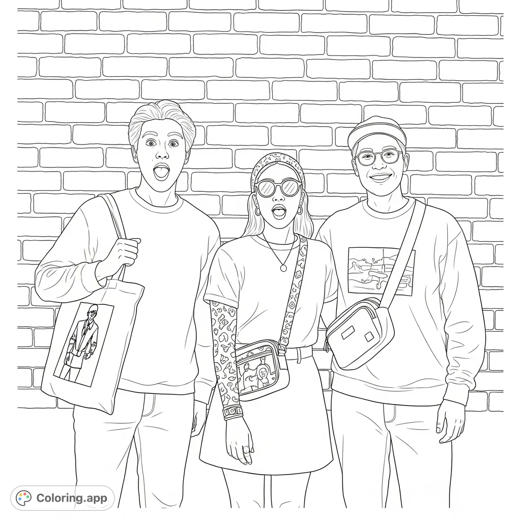 Capture the vibrant energy of three friends striking expressive poses against a detailed brick wall. Personalize their trendy outfits and accessories.