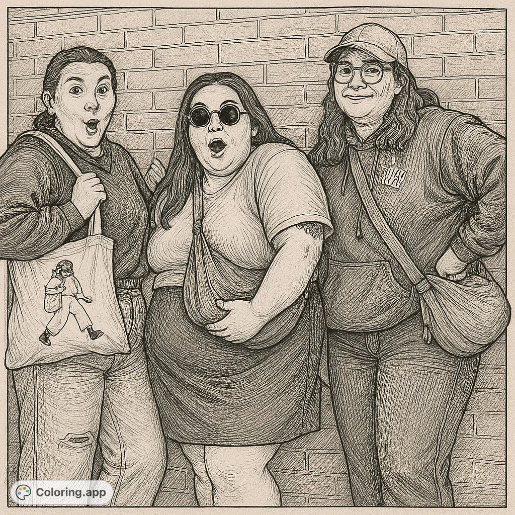 Three friends strike playful poses against a textured wall, showcasing unique styles and joyful expressions. A fun, detailed page for all ages.