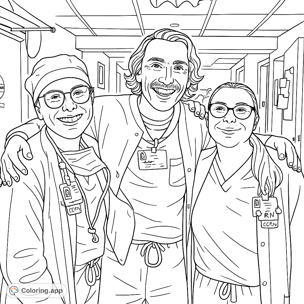A heartwarming coloring page featuring three smiling medical professionals in a hospital setting, celebrating their dedication and teamwork.