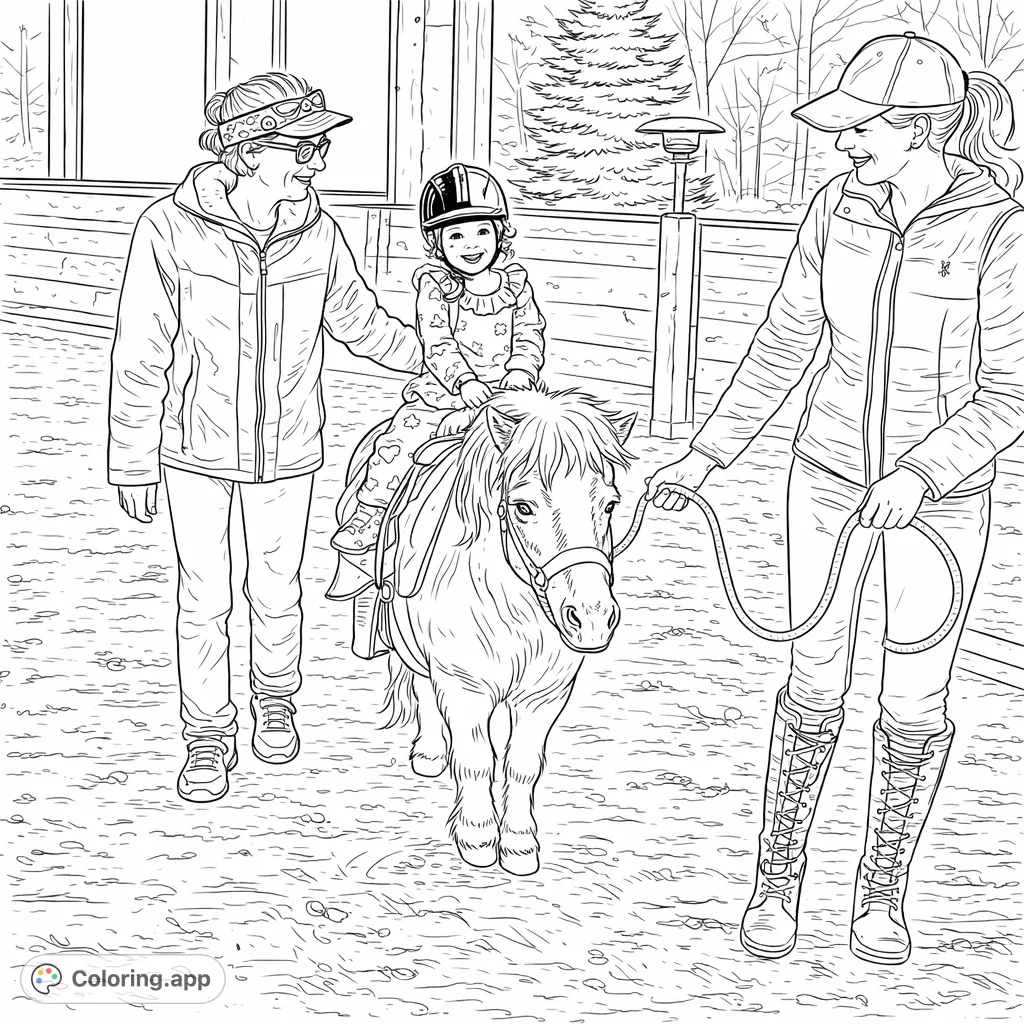 A delightful pony ride scene with a smiling child, two supportive adults, and a charming pony. Perfect for inspiring joy and imagination.