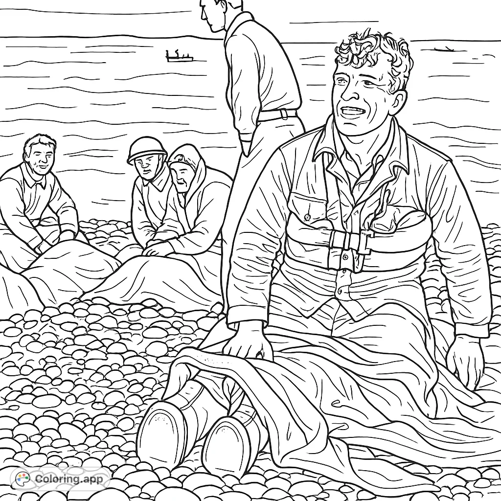 A poignant D-Day soldier coloring page depicting a moment of reflection on a pebbled beach, perfect for history enthusiasts.