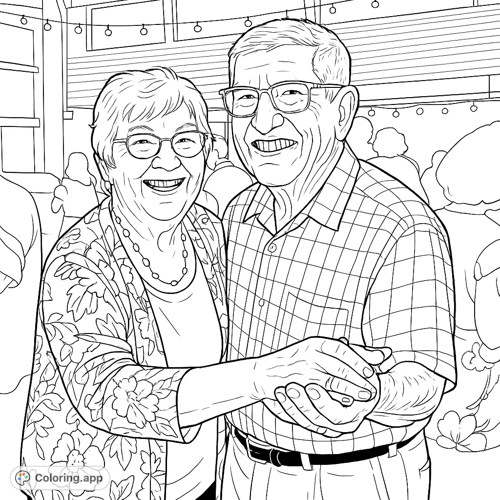 Capture the heartwarming embrace of a smiling elderly couple. This free printable coloring page celebrates love and companionship with intricate details.