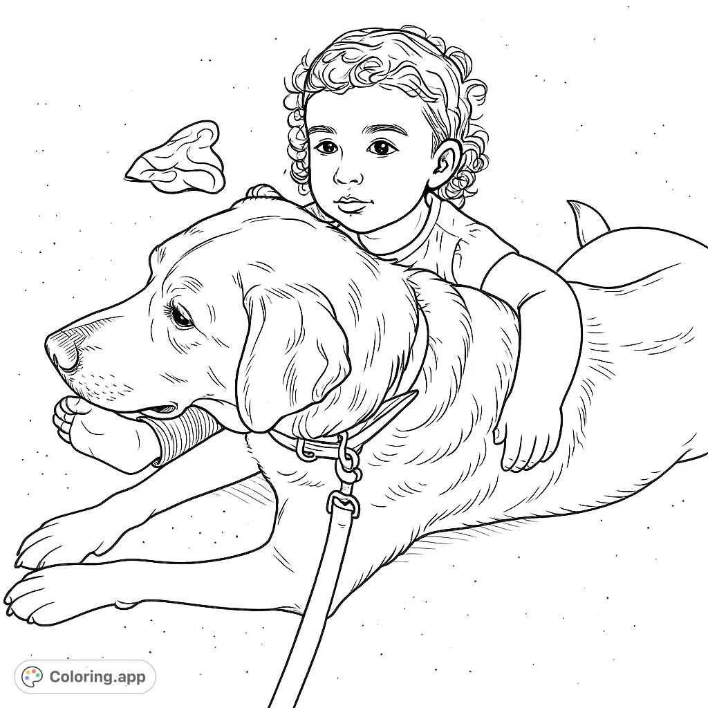 A heartwarming scene of a child embracing a large, gentle dog. Perfect for celebrating friendship and the special bond between kids and pets.