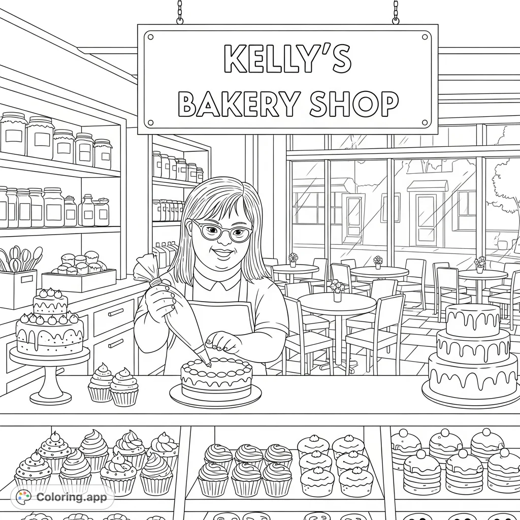 A heartwarming scene of Kelly, a young lady with Down Syndrome, joyfully decorating a cake in her own bustling bakery, "Kelly...