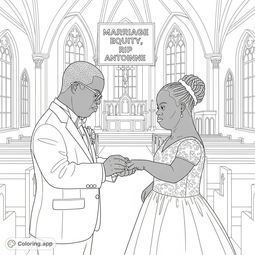 A powerful Marriage Equity coloring page depicting Antoinne and Alison, both with Down Syndrome, in a wedding chapel, with a poignant message.