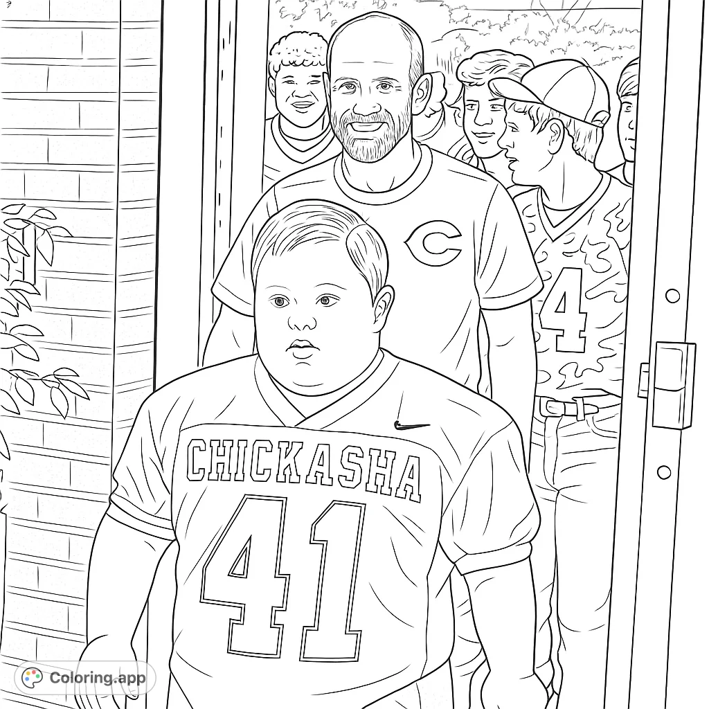 Capture a heartwarming football team moment with a young player, coach, and teammates. Celebrate camaraderie and sportsmanship on this inspiring coloring page.