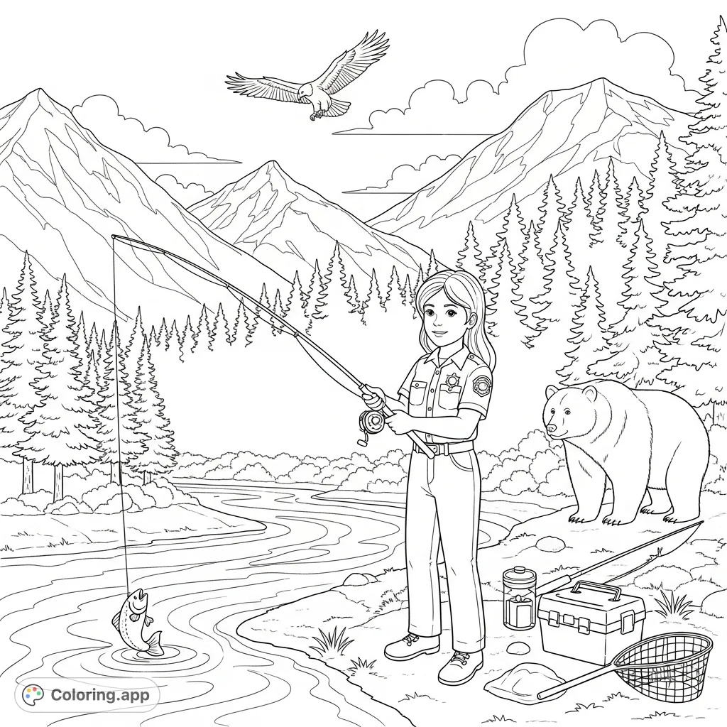 An American Heritage Girl fishes in a scenic Northwest landscape, surrounded by pine forests, mountains, and wildlife like an eagle and a bear.