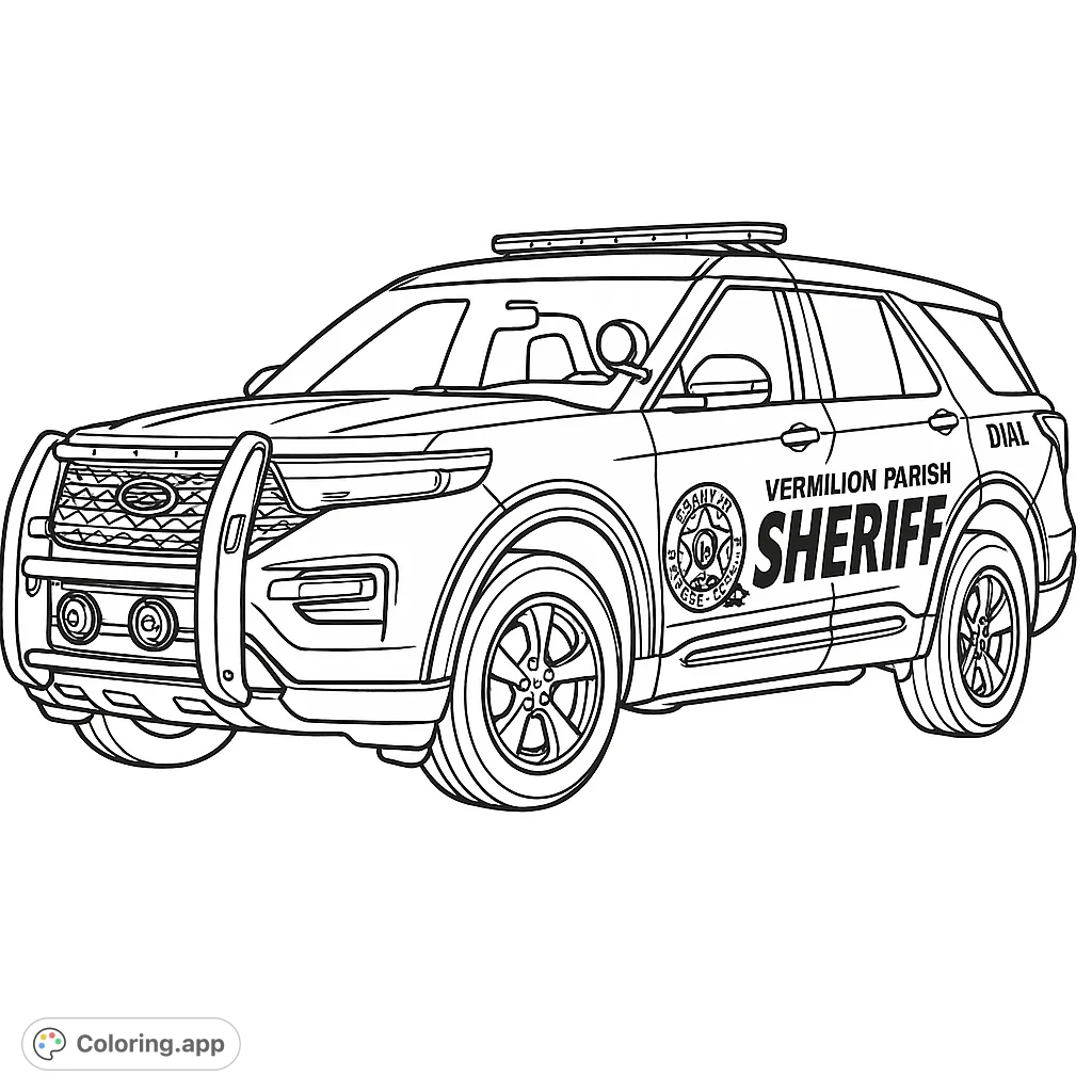 Color a detailed sheriff patrol SUV, featuring a robust grille guard, official markings, and intricate wheels. Perfect for vehicle enthusiasts and community service fans.