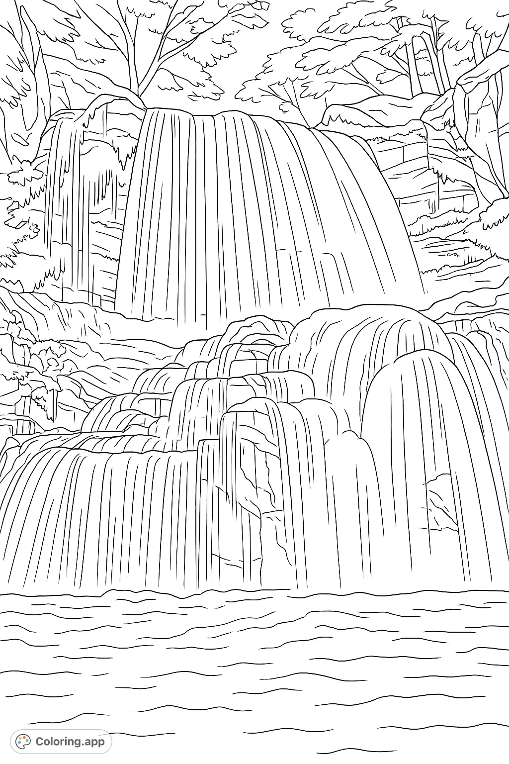 A majestic waterfall cascades over textured rocks, surrounded by lush foliage, creating a serene natural scene perfect for coloring.